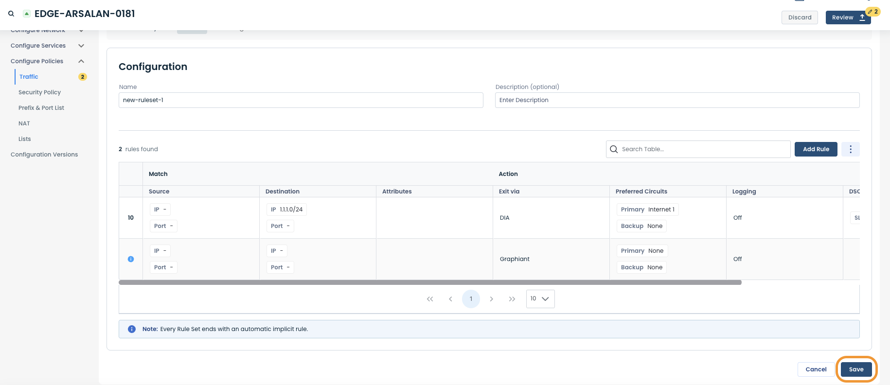 Configuration settings for traffic rules, including source, destination, and attributes.